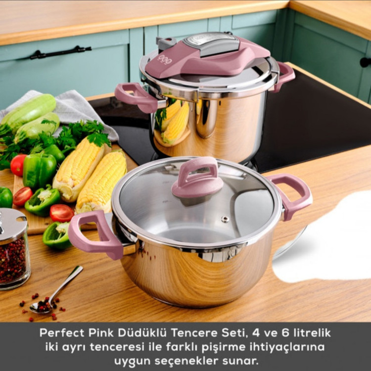 زودپز روگازی دوقلو استیل ۴+۶ لیتر کاراجا ترک مدل Perfect رنگ صورتی