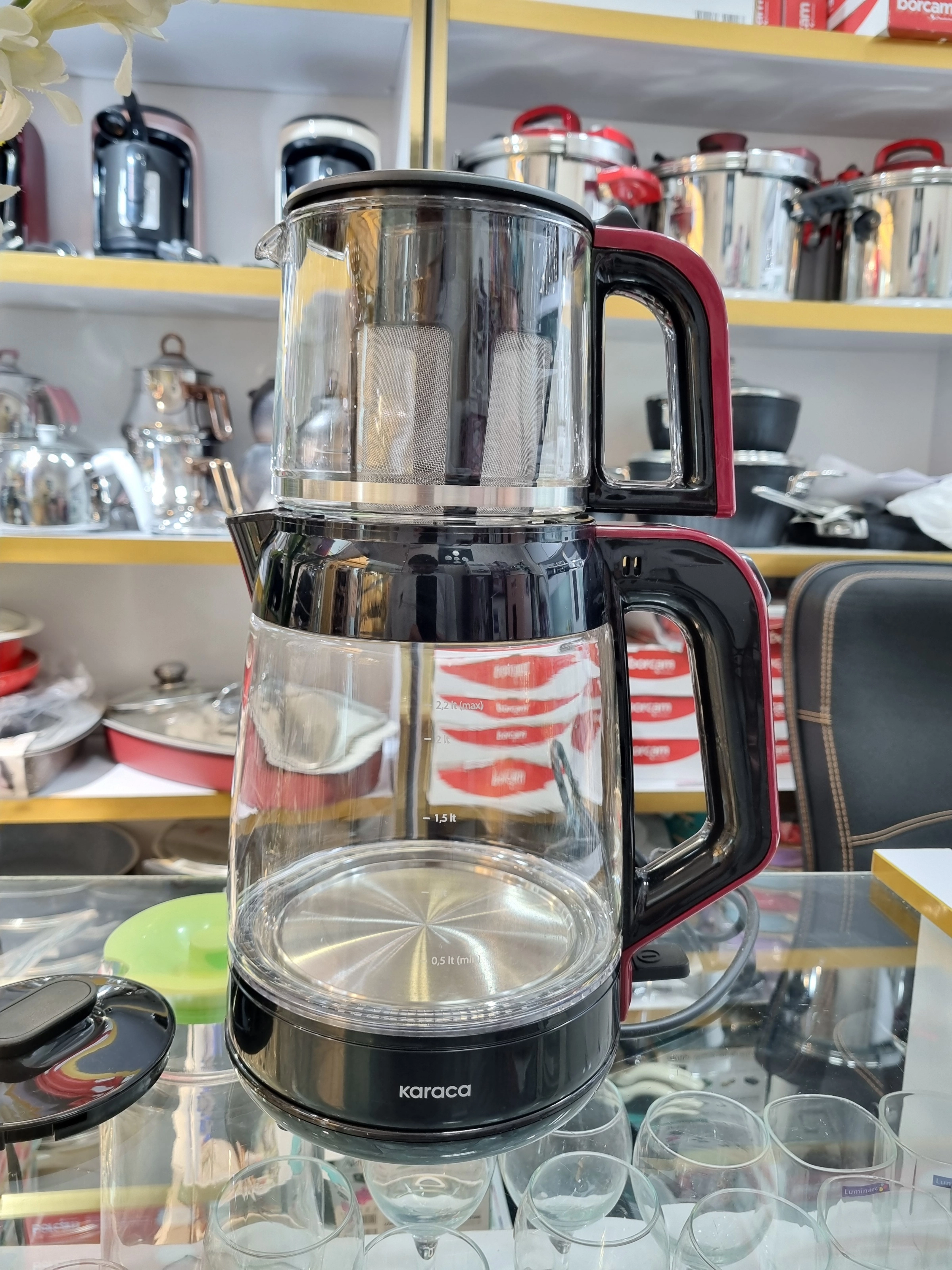 چایساز شیشه پیرکس کاراجا  مدل Glass Tea XL 2 in 1 رنگ قرمز