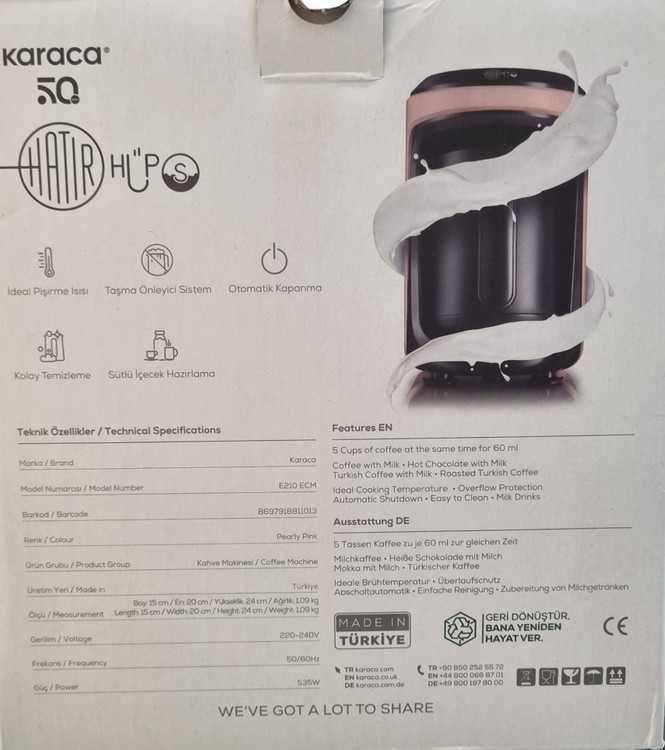 مشخصات فنی قهوه ساز و شیر قهوه ساز و شکلات داغ ساز کاراجا مدل Hatır Hüps رنگ صورتی
